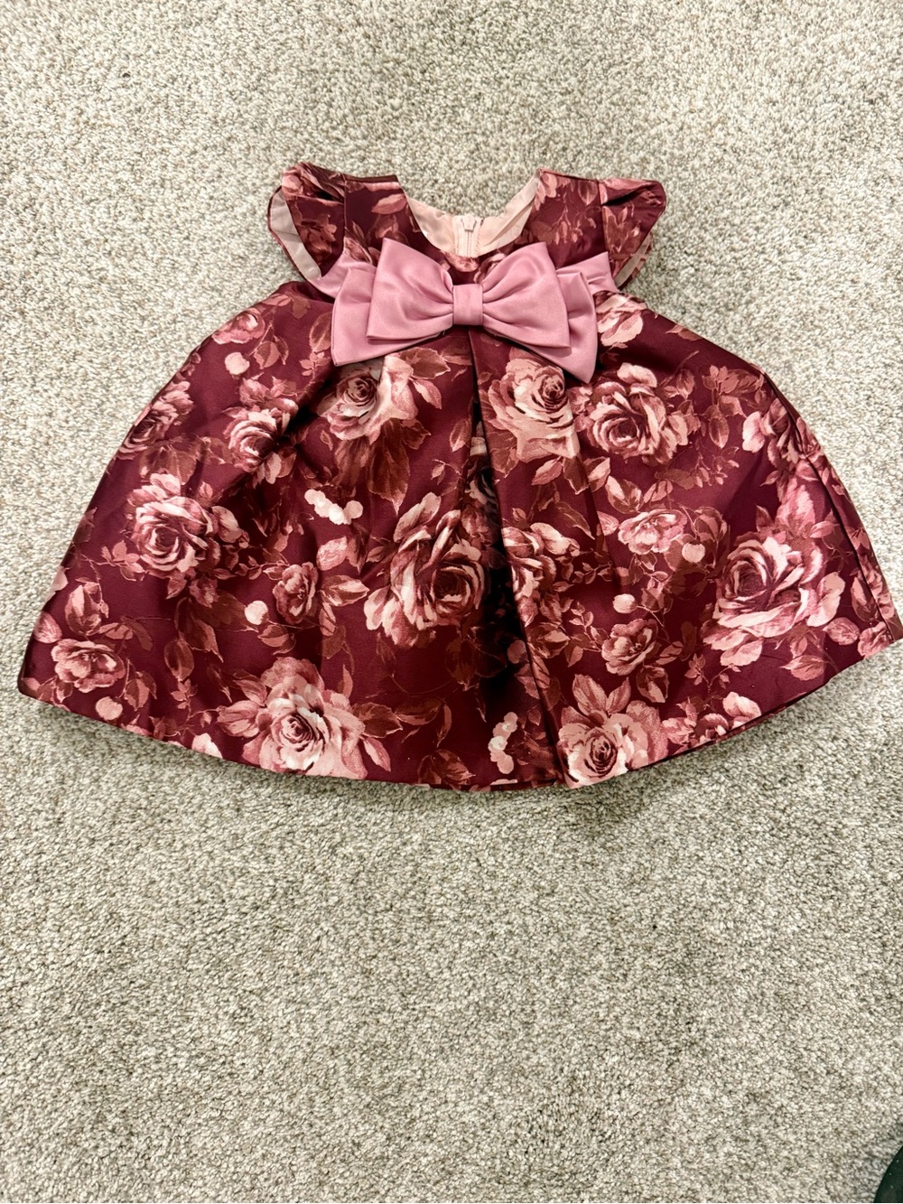 Bonnie Baby Burgundy and Pink Floral Satin Bow Formal Dress